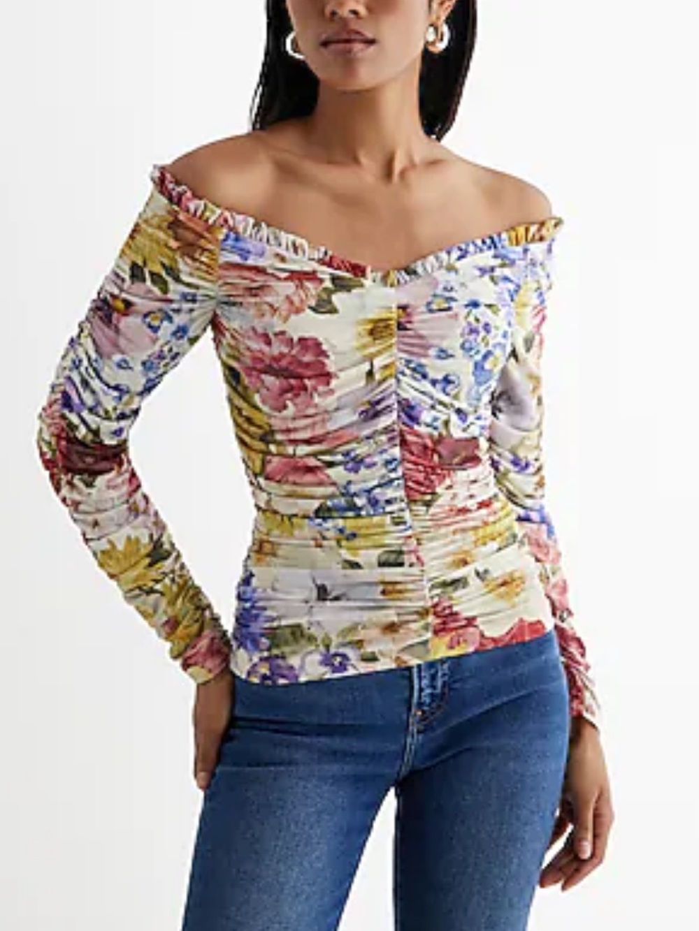 Express Floral Off-Shoulder Ruched Long Sleeve Top - Multicolor
